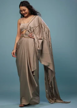 Taupe Brown Embroidered Ready-Pleated Satin Saree