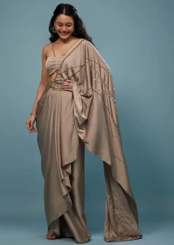Taupe Brown Embroidered Ready-Pleated Satin Saree