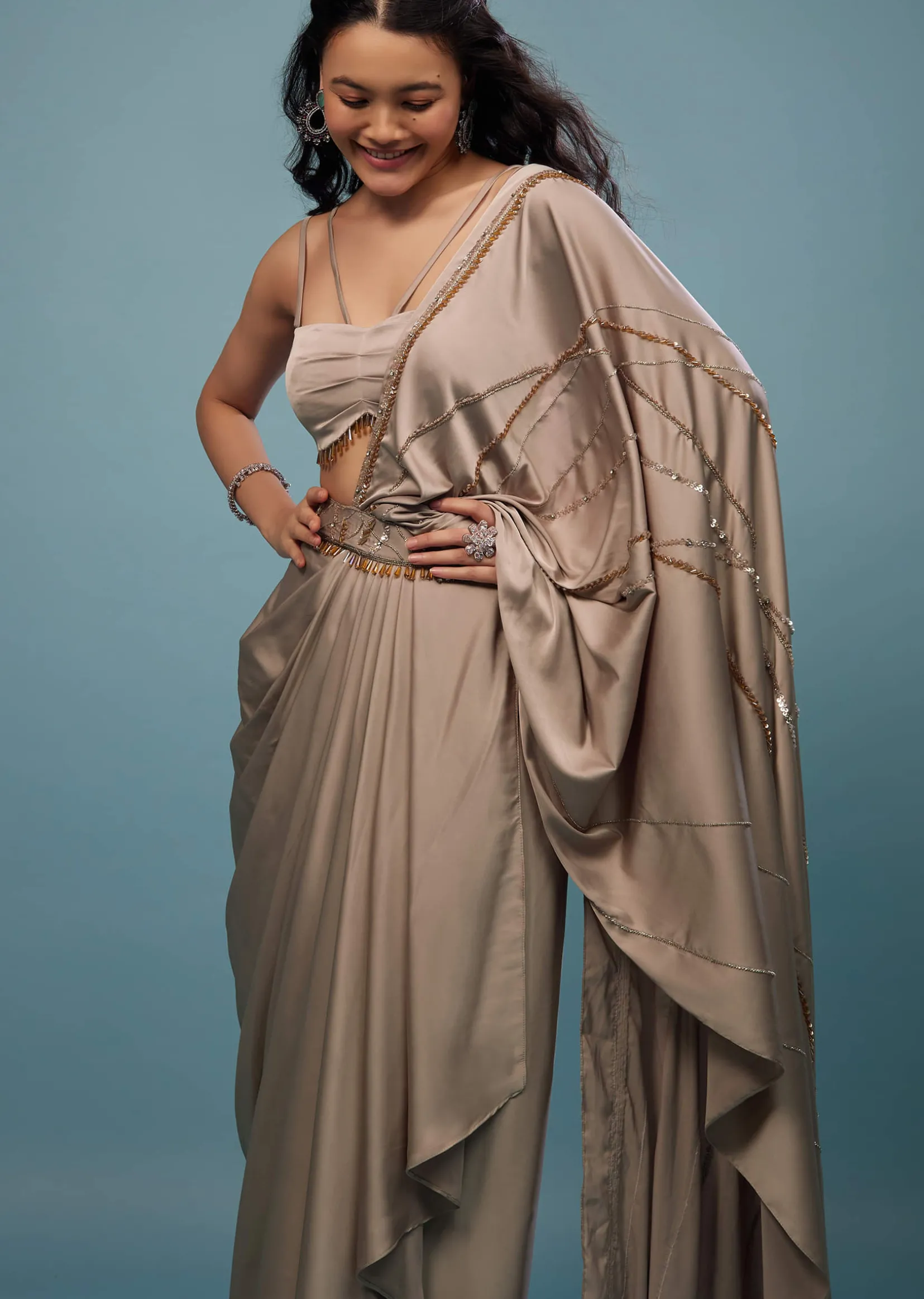 Taupe Brown Embroidered Ready-Pleated Satin Saree