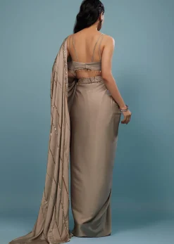Taupe Brown Embroidered Ready-Pleated Satin Saree