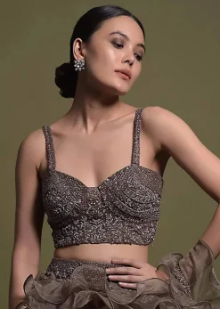 Taupe Brown Sleeveless Crop Top Hand Embellished With Zardosi And Cut Dana Work