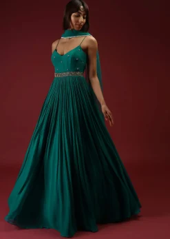 Teal Anarkali Suit In Georgette With Multi Colored Sequins Embroidered Floral Buttis And Cut Dana Embellished Waistline