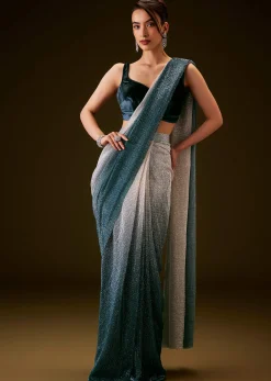 Teal and Cream Ombre Sequins Ready Pleated Saree with Velvet Blouse