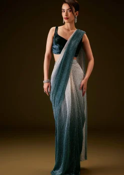 Teal and Cream Ombre Sequins Ready Pleated Saree with Velvet Blouse