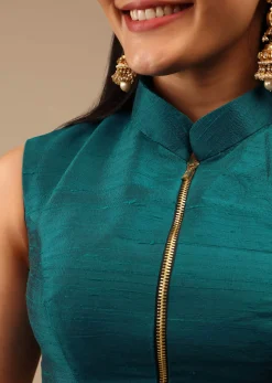 Teal Blue Blouse In Raw Silk With Mandarin Collar Neckline And Front Zip Closure