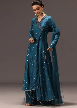Teal Blue Chanderi Silk Hand Work Angarkha Set