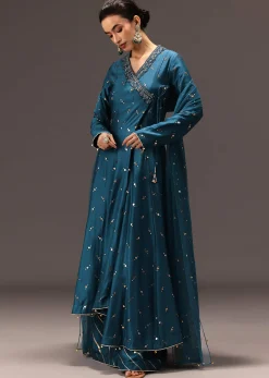 Teal Blue Chanderi Silk Hand Work Angarkha Set