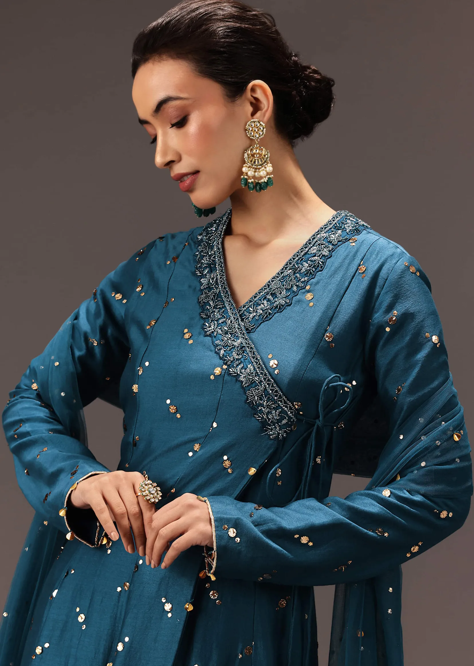 Teal Blue Chanderi Silk Hand Work Angarkha Set