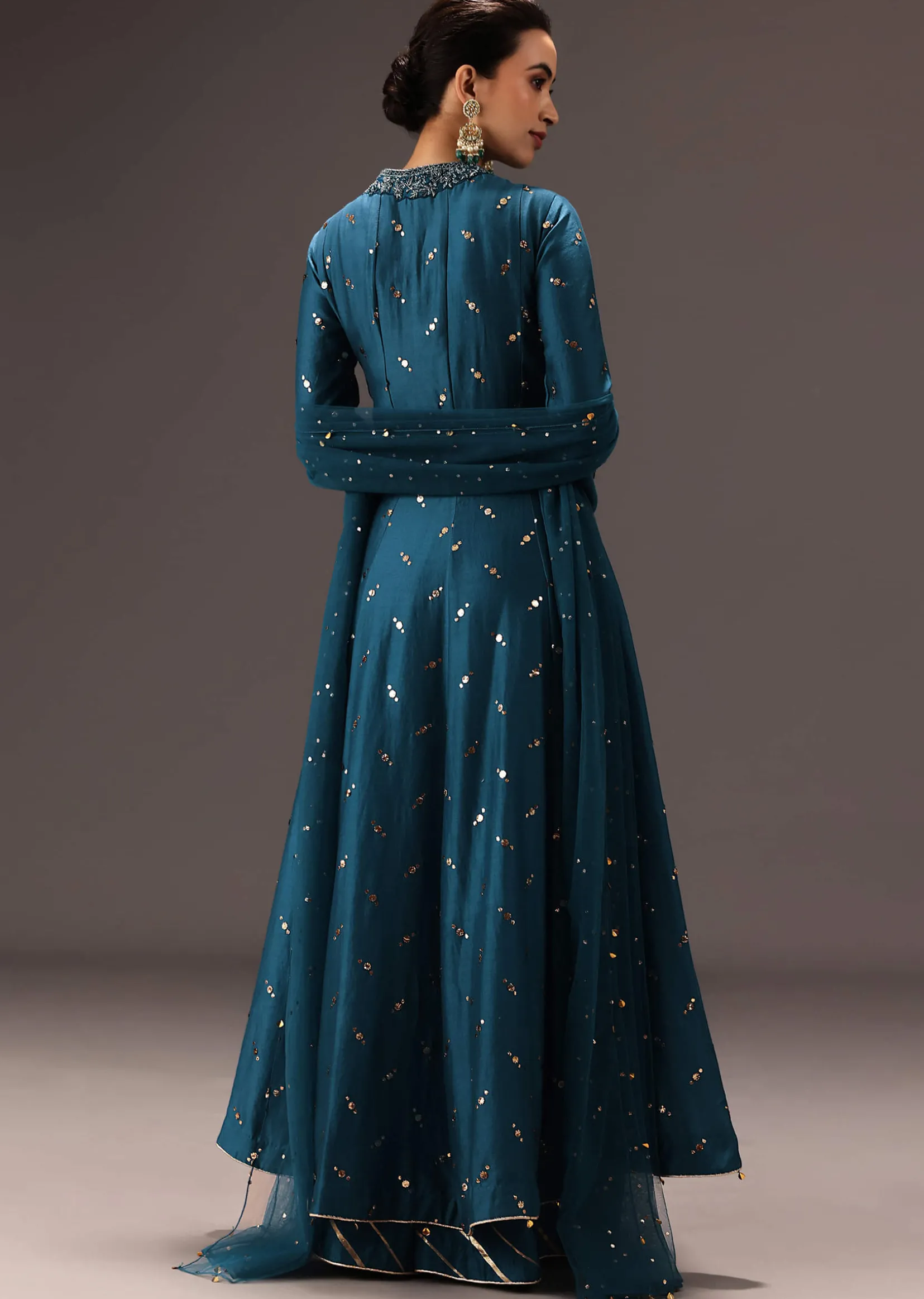 Teal Blue Chanderi Silk Hand Work Angarkha Set