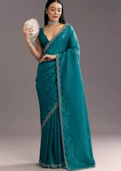 Teal Blue Crushed Tissue Stone Embellished Saree With Cutdana Scallop Border