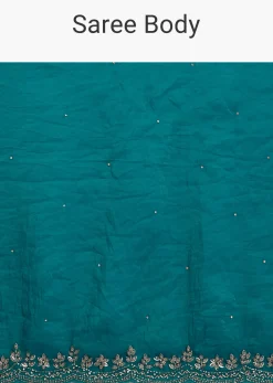 Teal Blue Crushed Tissue Stone Embellished Saree With Cutdana Scallop Border