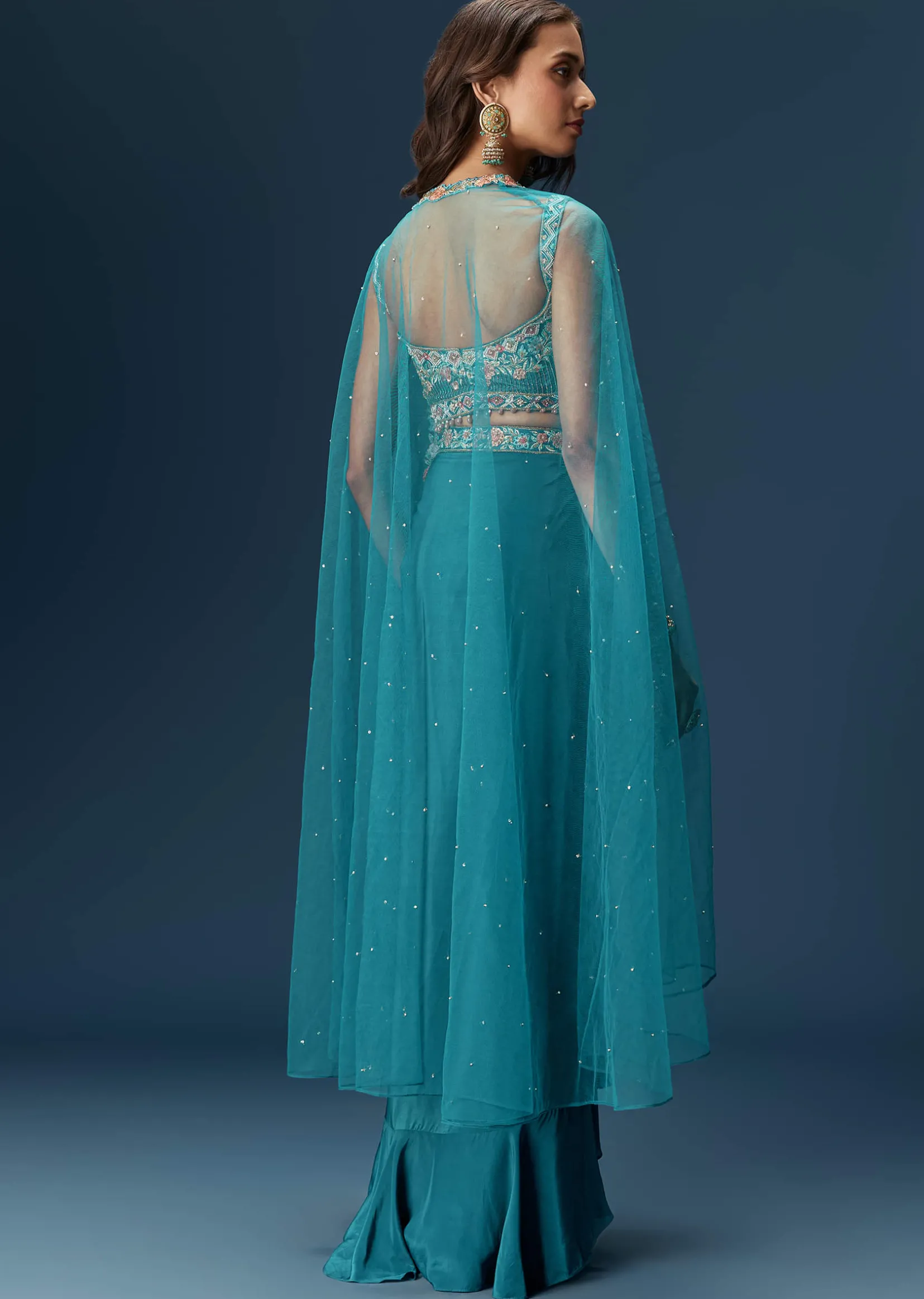 Teal Blue Dhoti Skirt Set With Embroidered Blouse And Net Dupatta