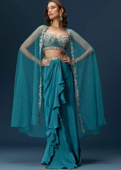 Teal Blue Dhoti Skirt Set With Embroidered Blouse And Net Dupatta