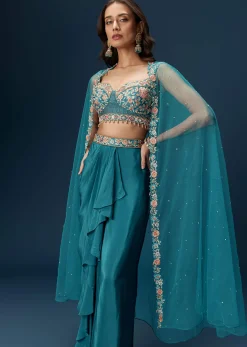 Teal Blue Dhoti Skirt Set With Embroidered Blouse And Net Dupatta