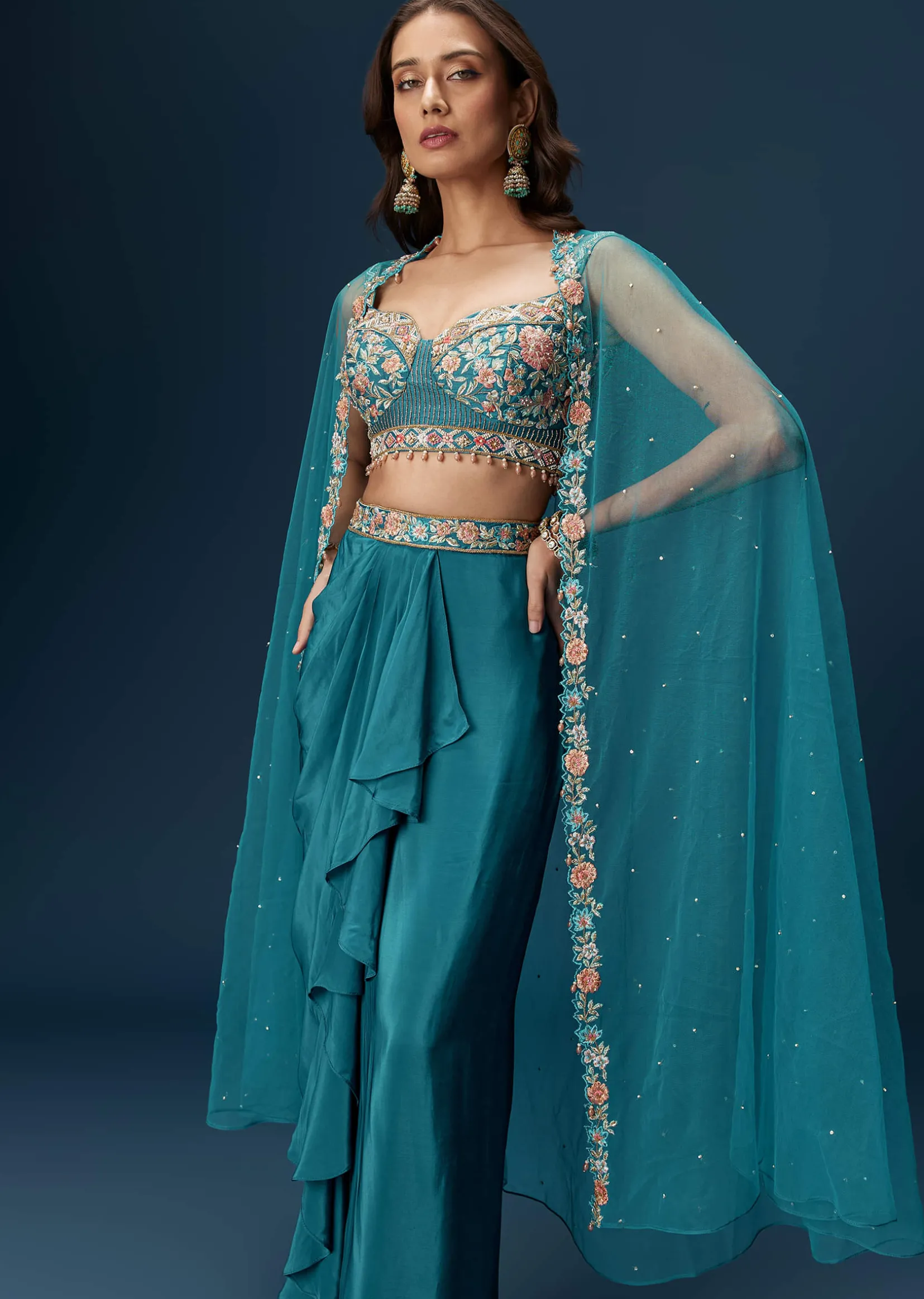 Teal Blue Dhoti Skirt Set With Embroidered Blouse And Net Dupatta