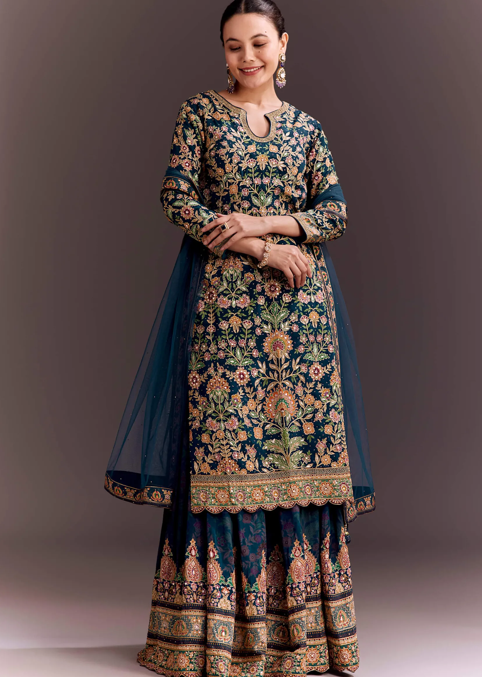 Teal Blue Embroidered Palazzo Set