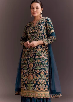 Teal Blue Embroidered Palazzo Set