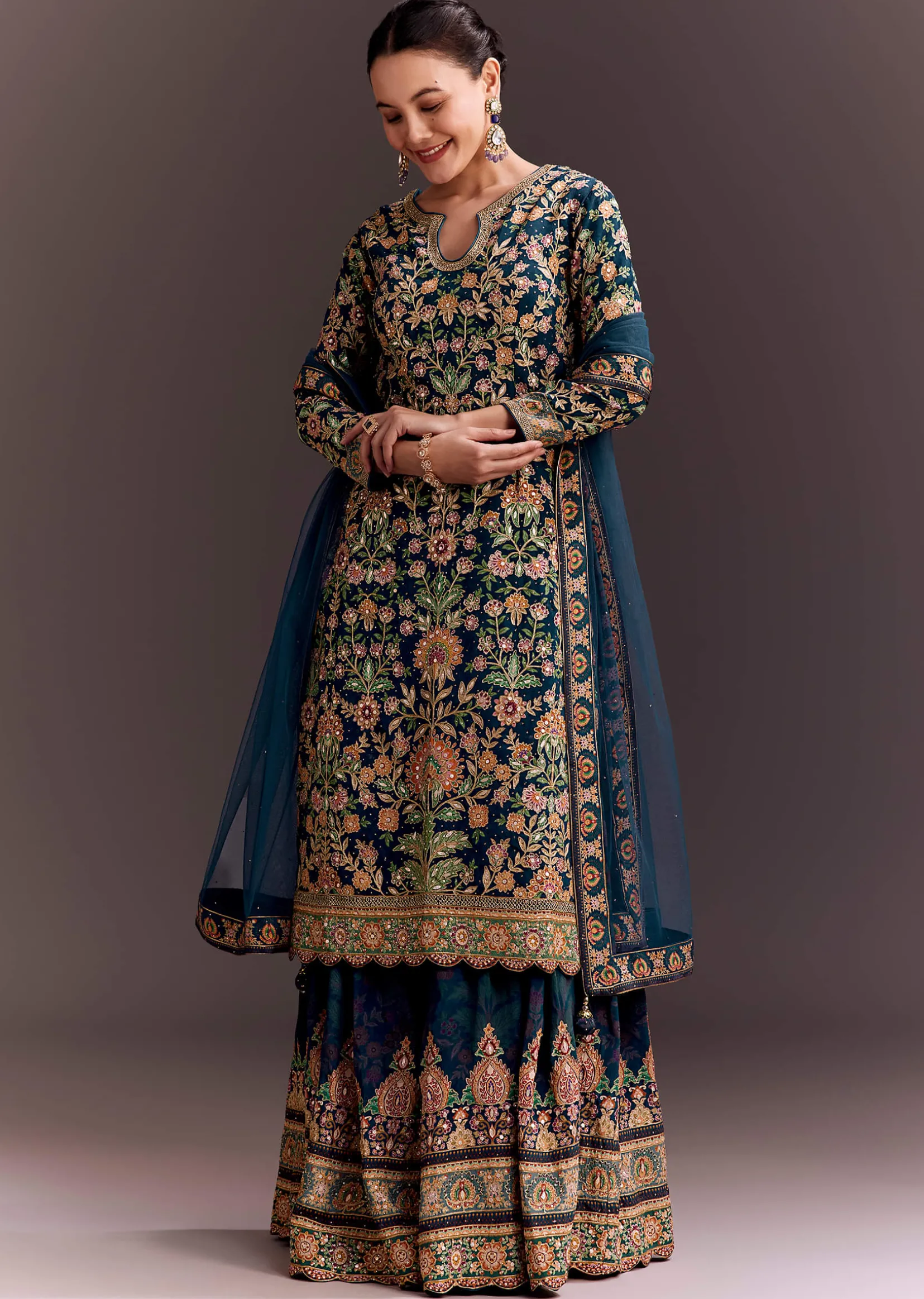 Teal Blue Embroidered Palazzo Set