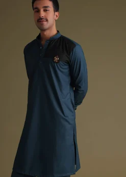Teal Blue Pathani Kurta Set In Rayon With A Black Patch On Shoulder With Embroidery