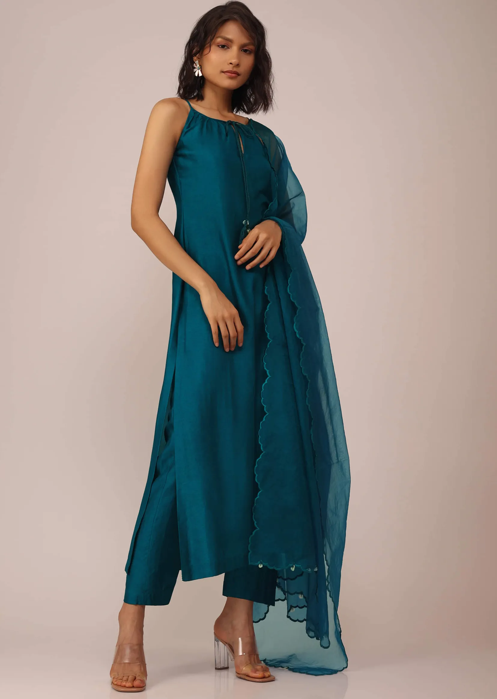 Teal Blue Plain Suit Set In Art Silk With Tassels Adorned Dupatta