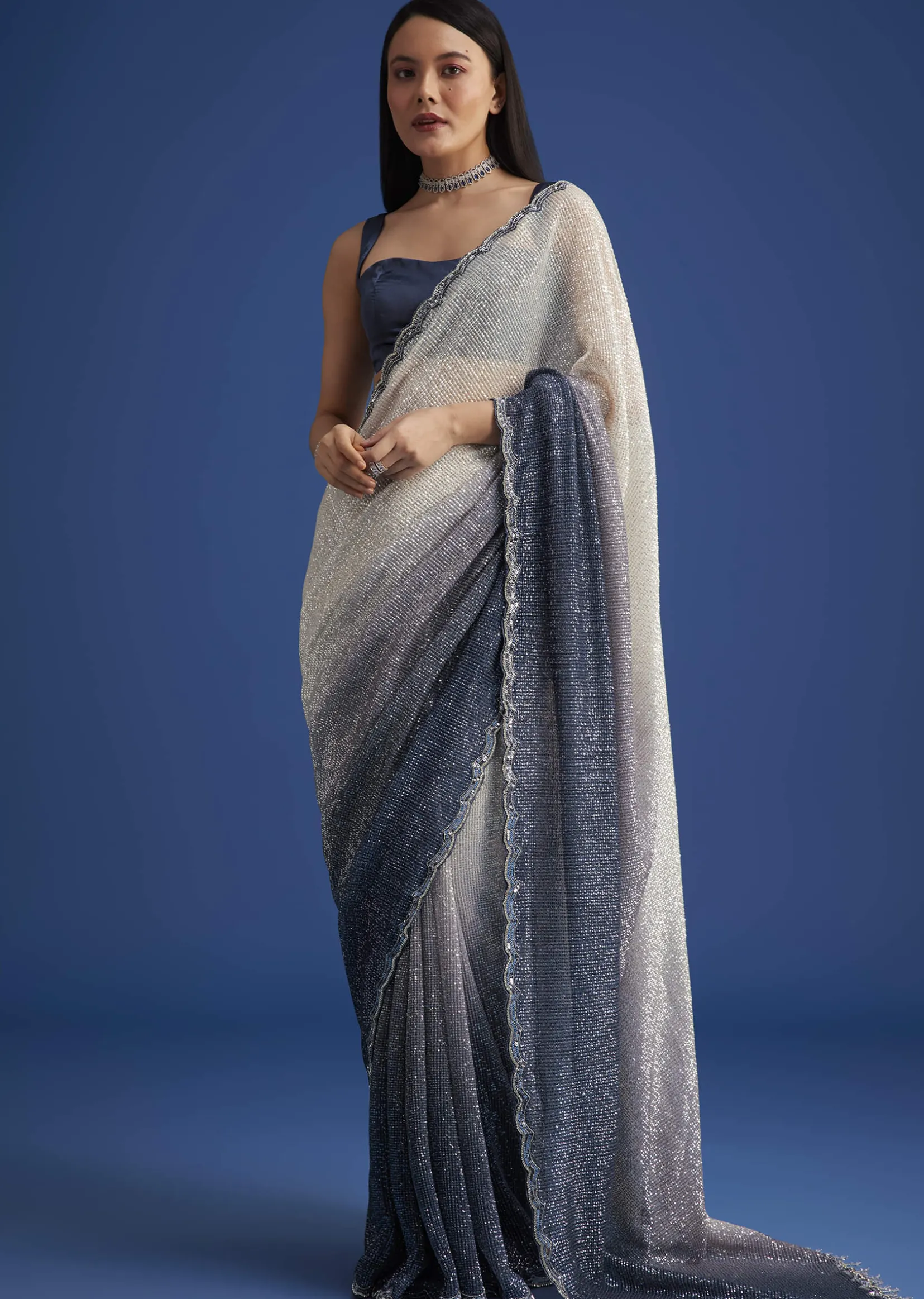 Teal Blue Sequins Saree With Scallop Embroidery Border