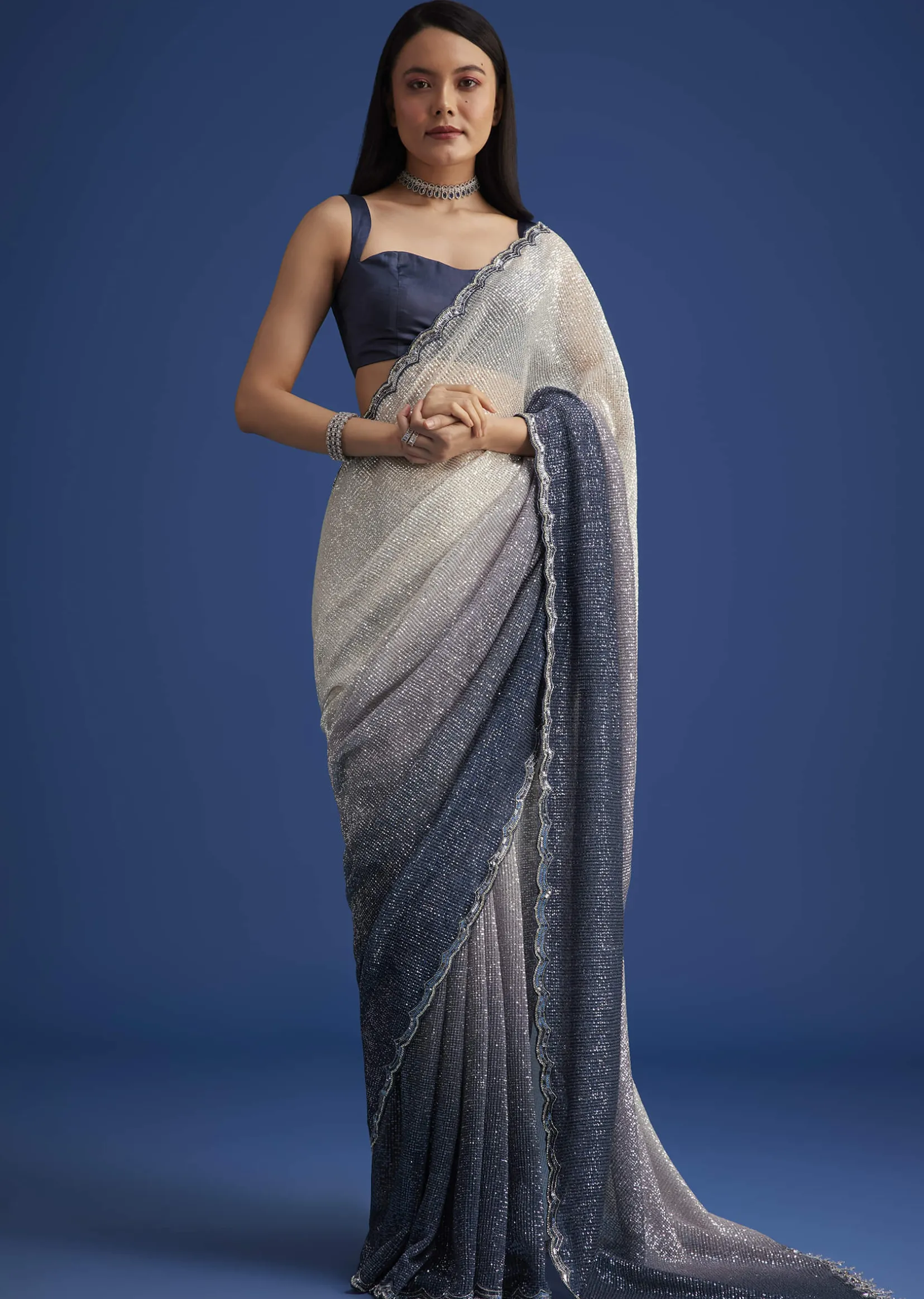Teal Blue Sequins Saree With Scallop Embroidery Border