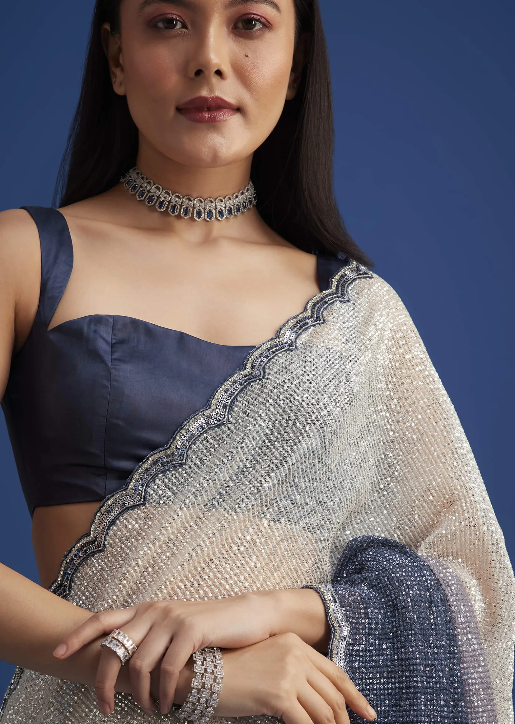 Teal Blue Sequins Saree With Scallop Embroidery Border
