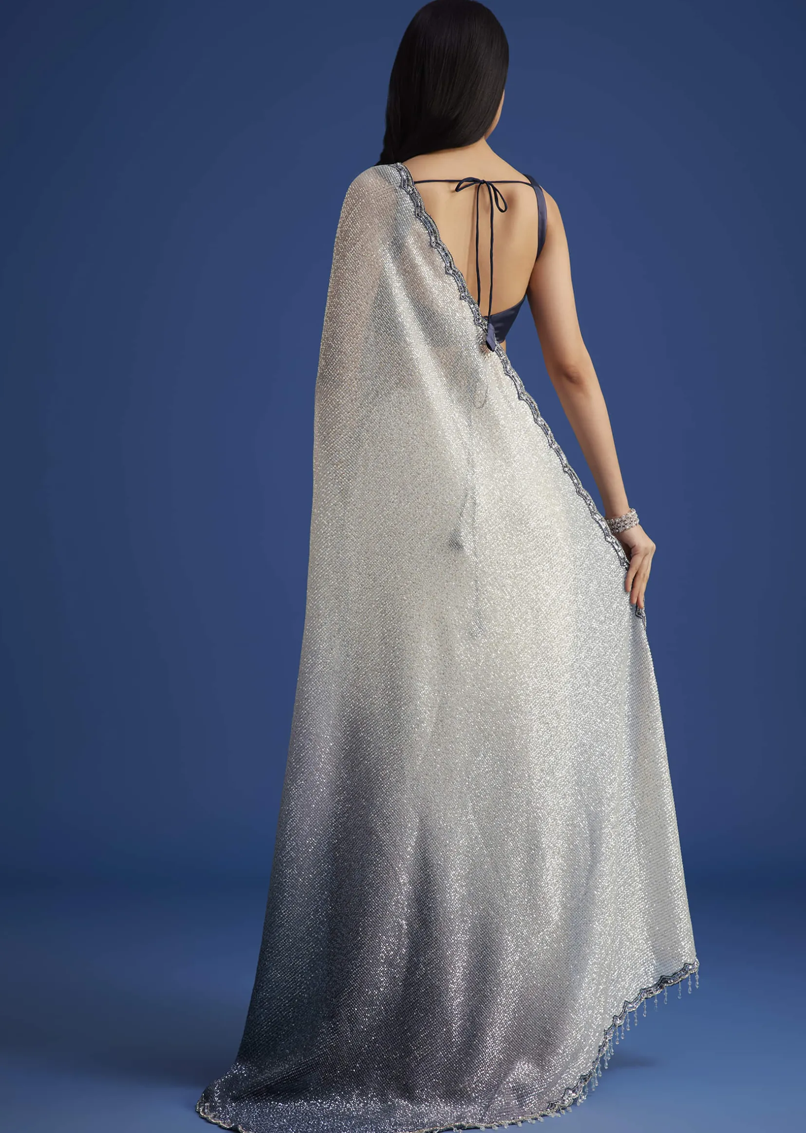 Teal Blue Sequins Saree With Scallop Embroidery Border