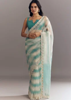 Teal Blue Shaded Organza Saree With Moti Stone Sequins Embroidery And Cutwork Scallop Border