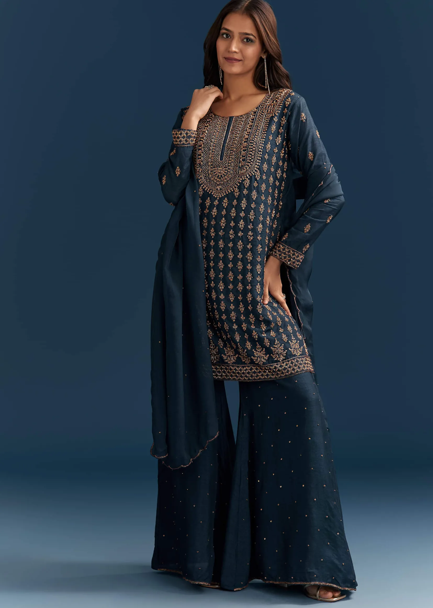 Teal Blue Silk Palazzo Suit With Cut Dana Work And Dupatta