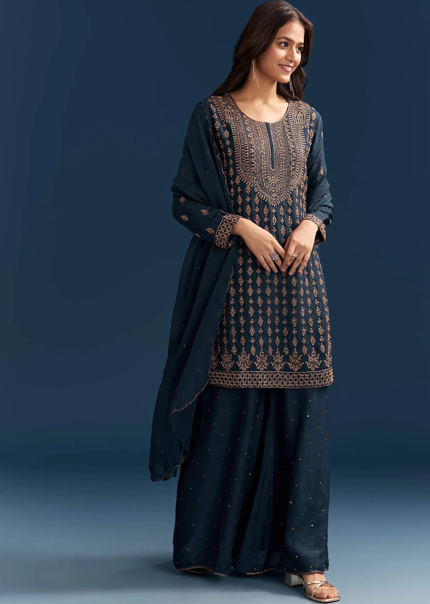 Teal Blue Silk Palazzo Suit With Cut Dana Work And Dupatta