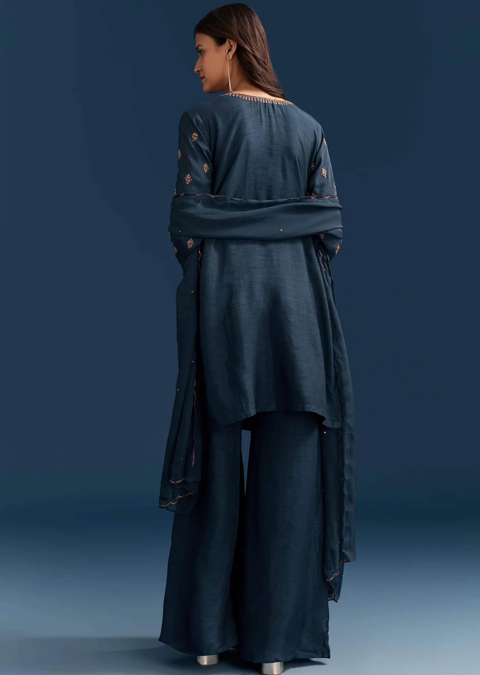 Teal Blue Silk Palazzo Suit With Cut Dana Work And Dupatta
