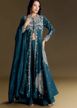 Teal Blue Silk Palazzo Suit With Moti Accents