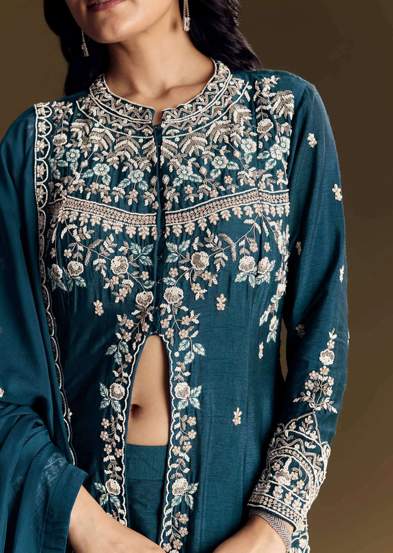 Teal Blue Silk Palazzo Suit With Moti Accents