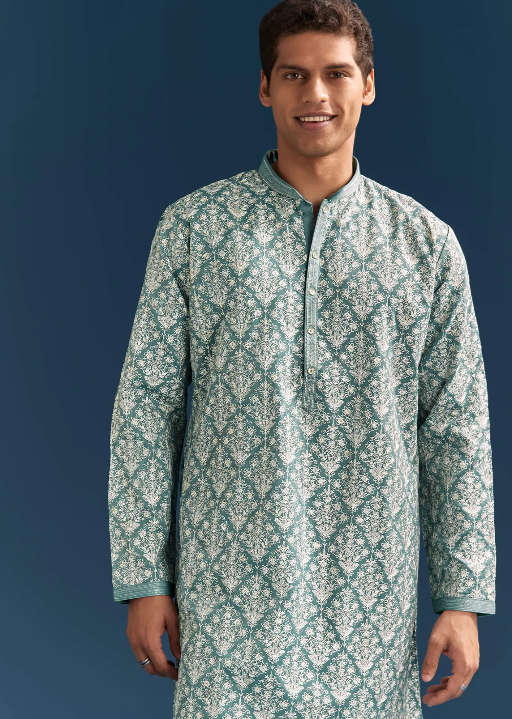 Teal Blue Silk Printed Kurta Set For Men With Thread Work