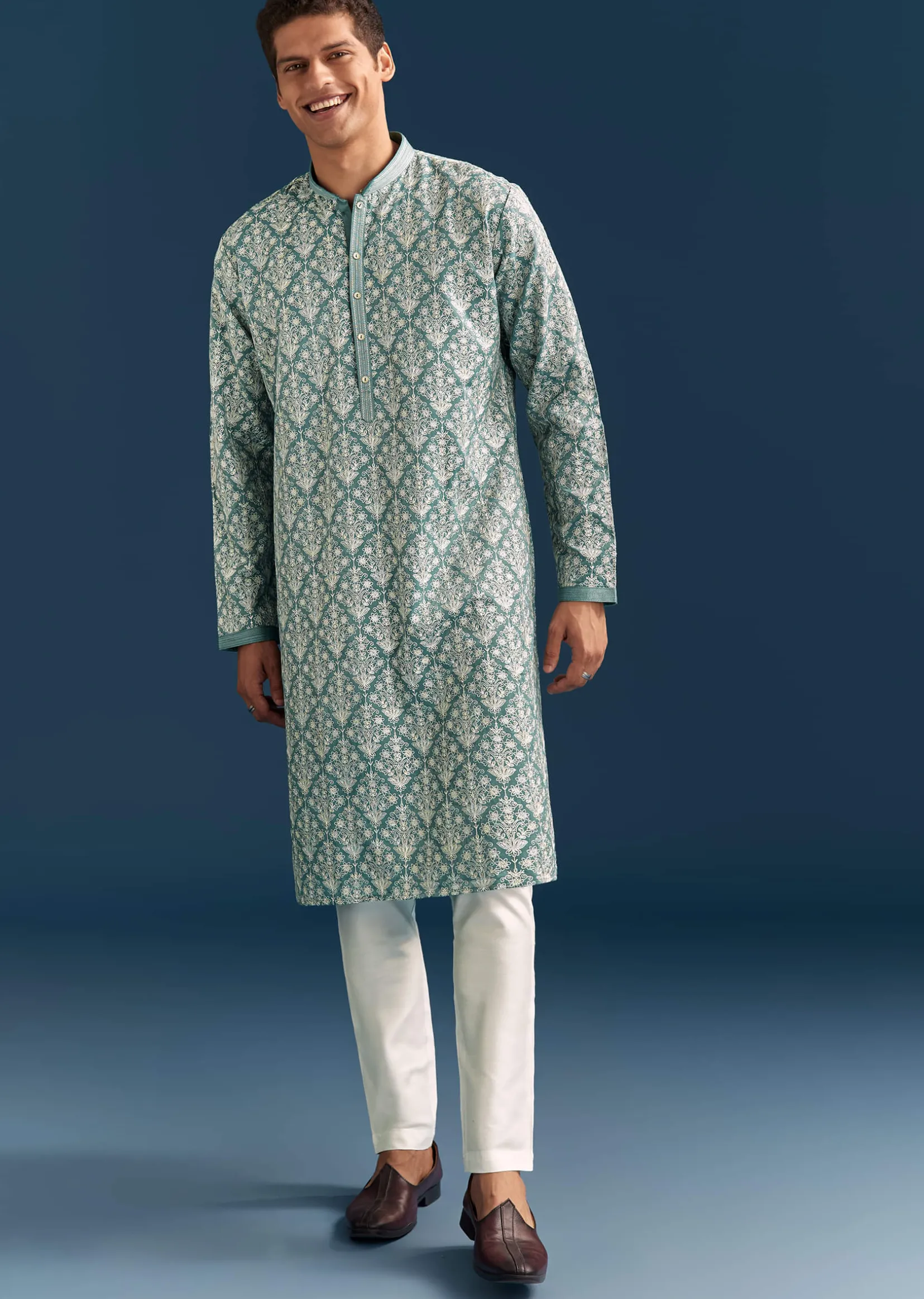 Teal Blue Silk Printed Kurta Set For Men With Thread Work