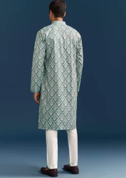 Teal Blue Silk Printed Kurta Set For Men With Thread Work
