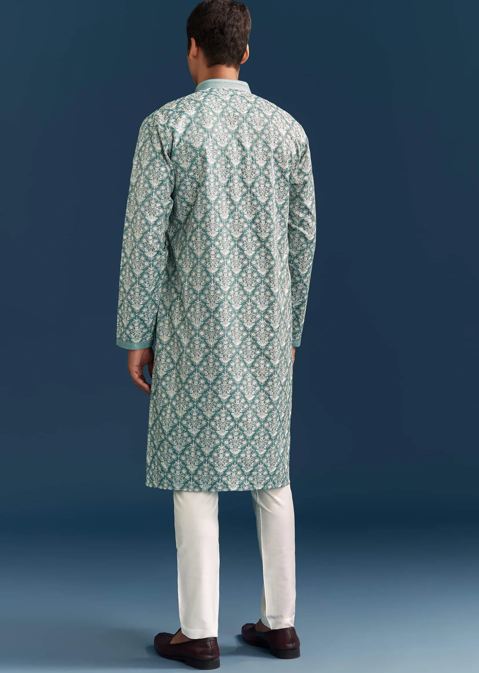 Teal Blue Silk Printed Kurta Set For Men With Thread Work