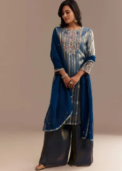 Teal Blue Tissue Zardosi Embroidered Palazzo Set