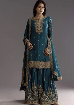 Teal Blue Zari Beaded Kurta With Sequin Palazzo And Butti Work Dupatta