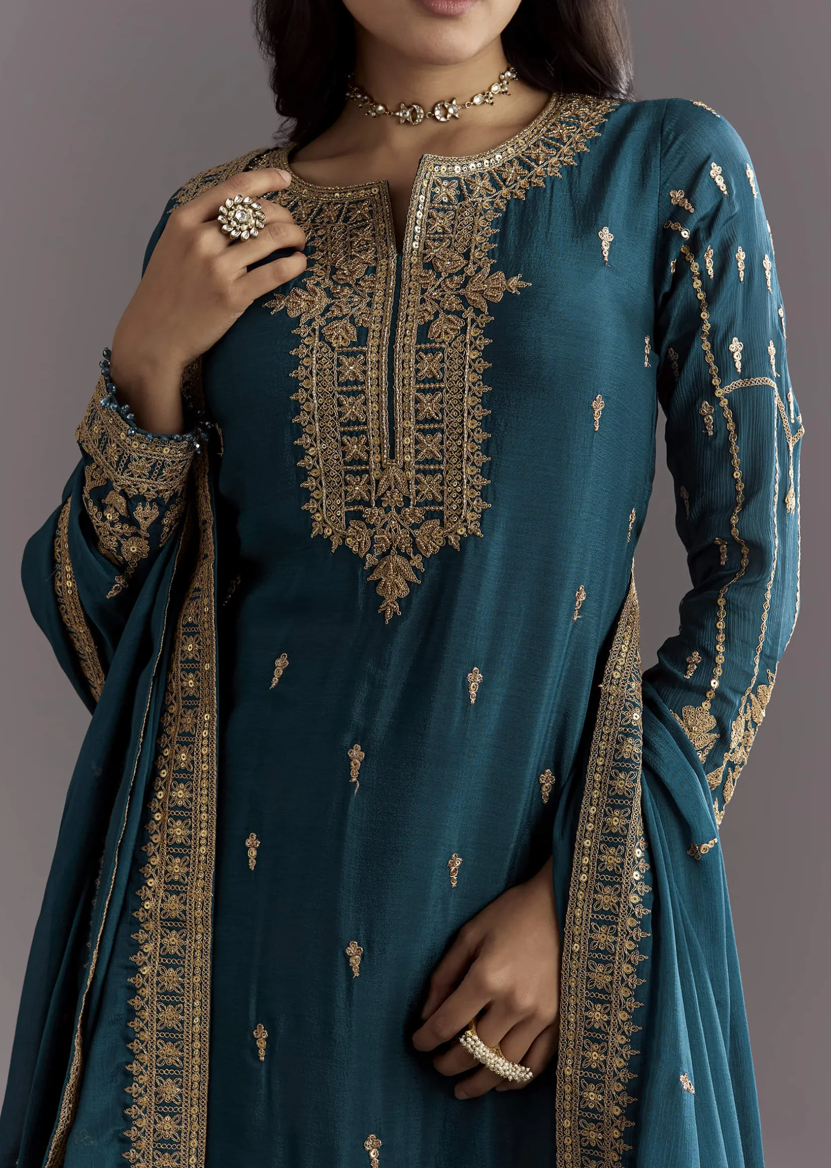Teal Blue Zari Beaded Kurta With Sequin Palazzo And Butti Work Dupatta