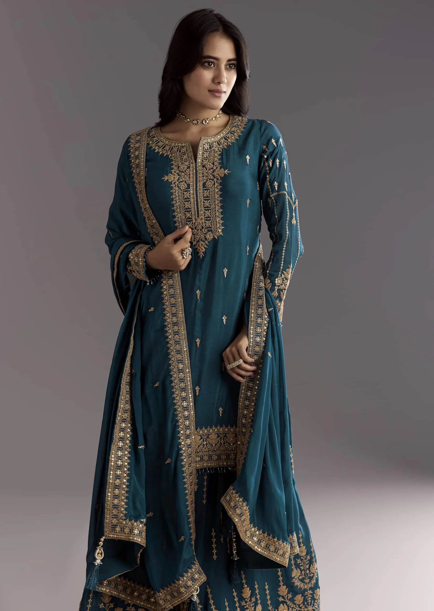 Teal Blue Zari Beaded Kurta With Sequin Palazzo And Butti Work Dupatta