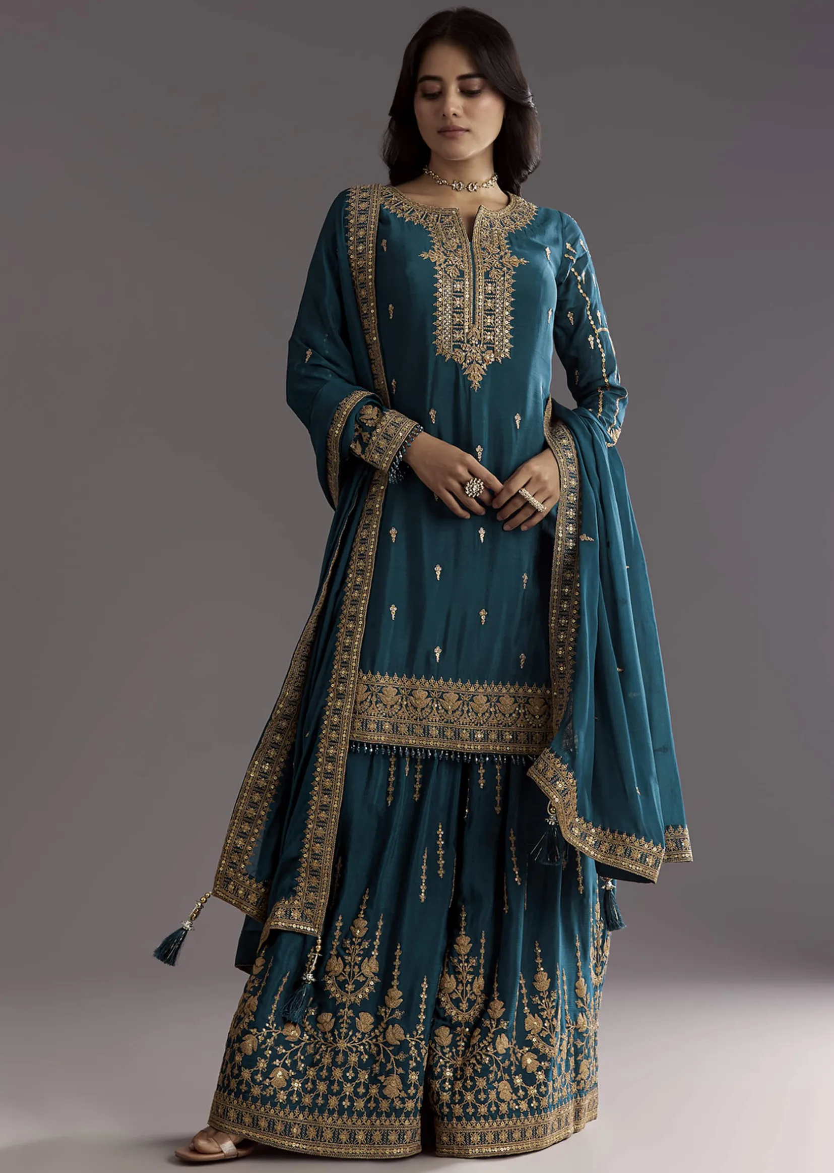 Teal Blue Zari Beaded Kurta With Sequin Palazzo And Butti Work Dupatta