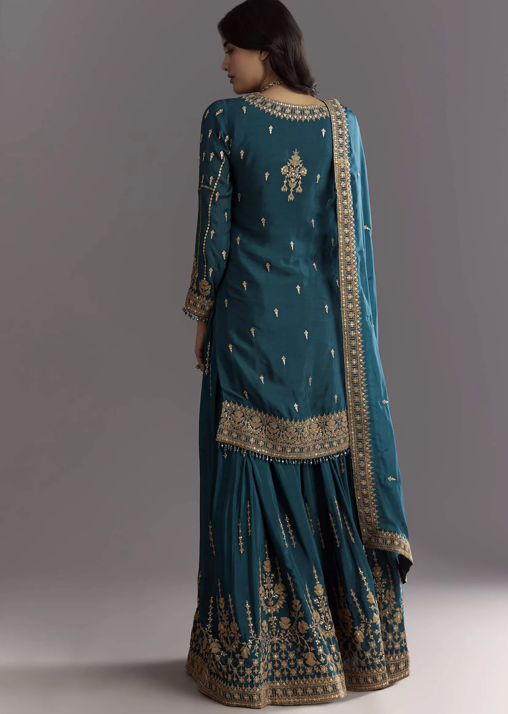 Teal Blue Zari Beaded Kurta With Sequin Palazzo And Butti Work Dupatta