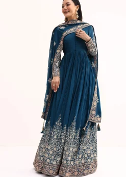Teal Chinon Anarkali Suit With Zari Work
