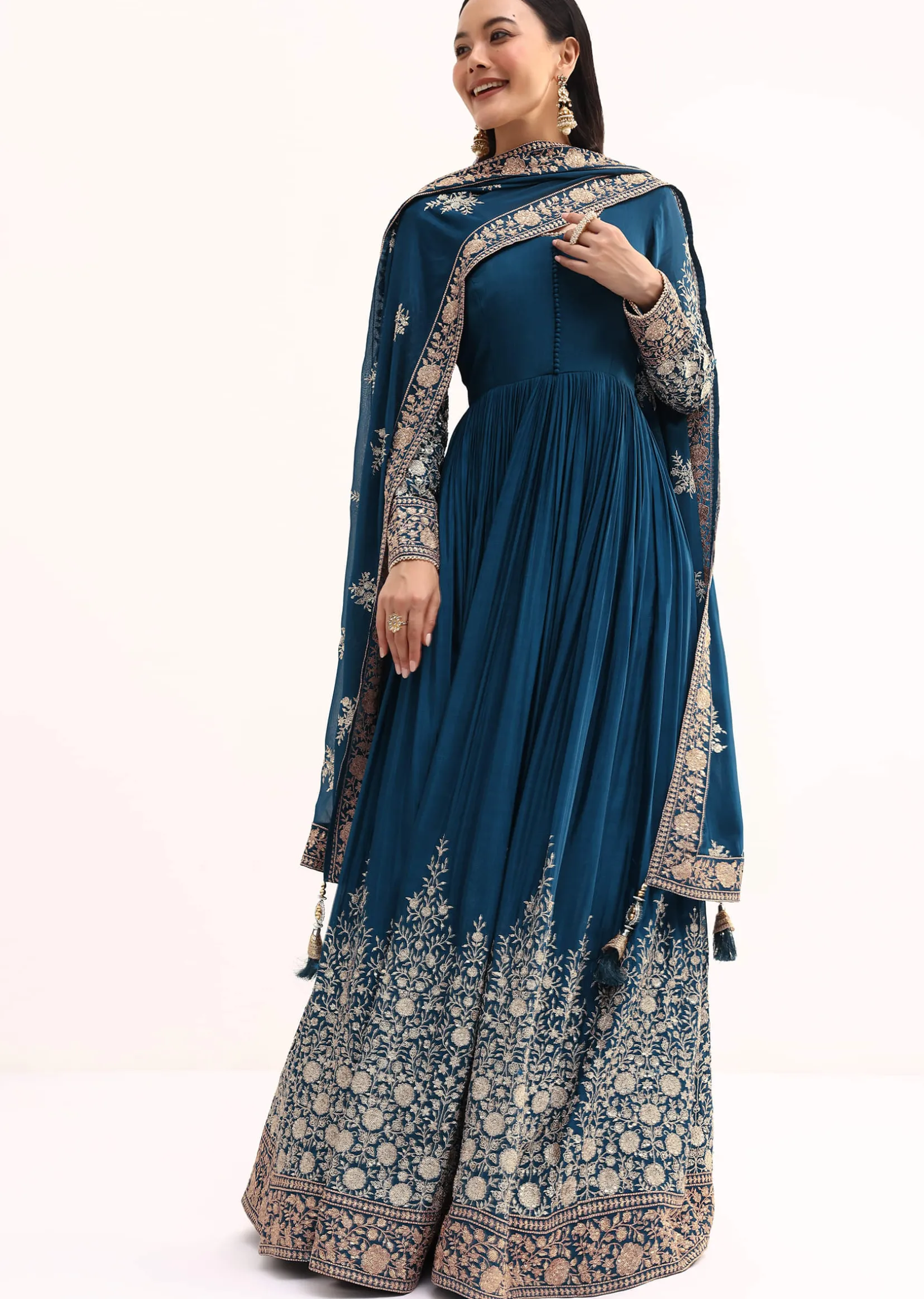 Teal Chinon Anarkali Suit With Zari Work