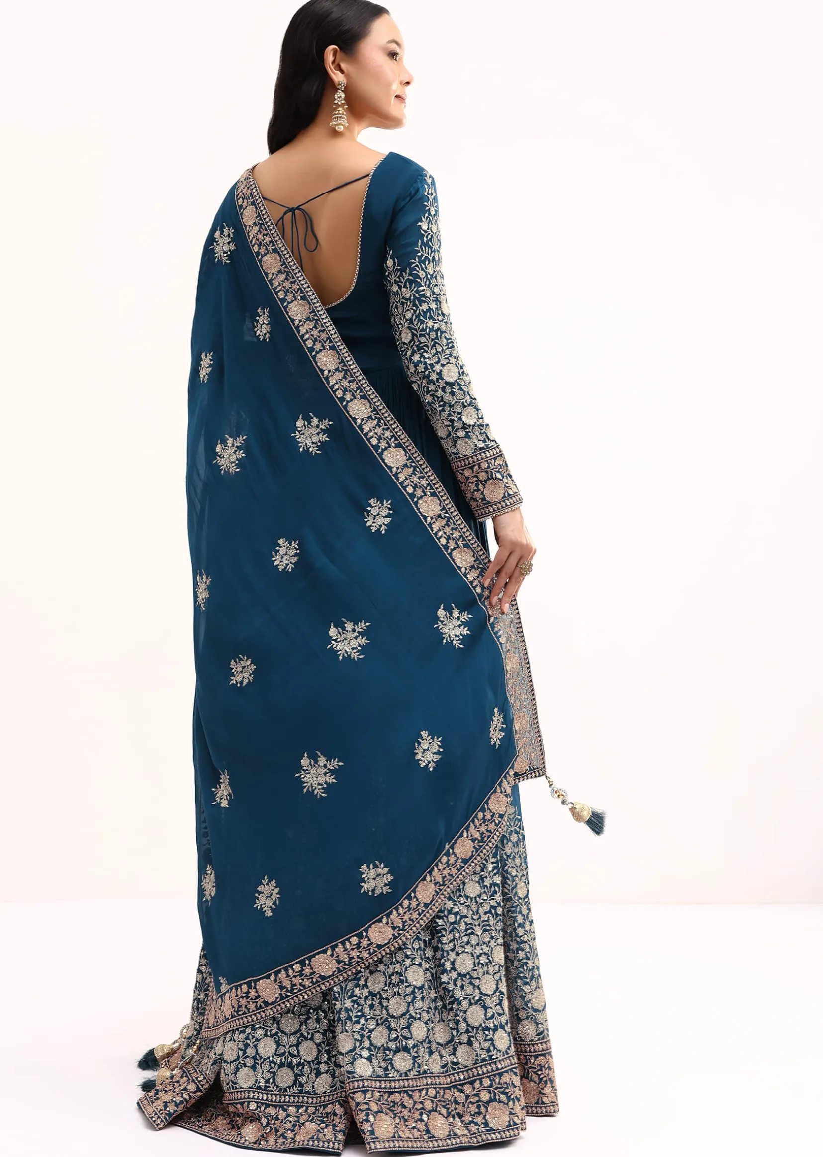 Teal Chinon Anarkali Suit With Zari Work