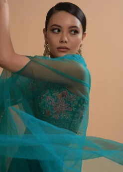 Teal Drape Skirt And Crop Top With Matching Cape And Colorful Resham Embroidered Spring Blooms