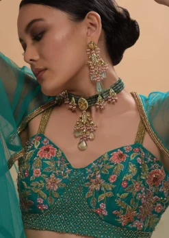 Teal Drape Skirt And Crop Top With Matching Cape And Colorful Resham Embroidered Spring Blooms