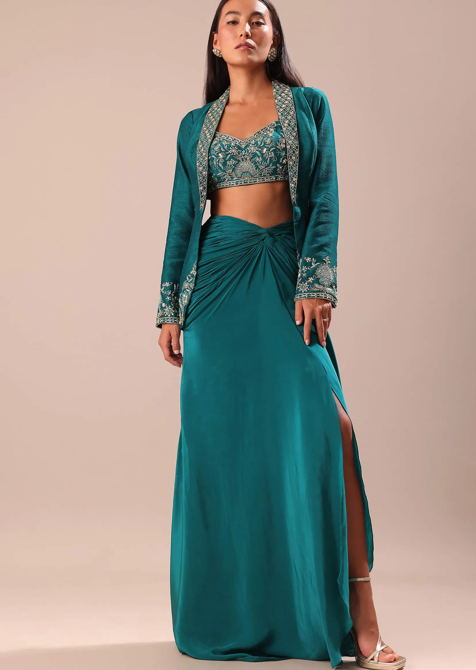 Teal Drape Skirt With Hand Embroidered Blouse And Jacket